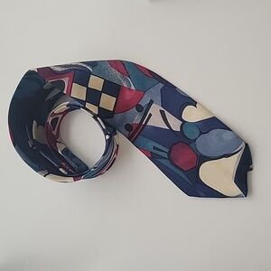 Bellagio Men's Tie 100% Silk Abstract Blue, Green, Burgundy